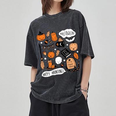 Женские футболки с принтом тыквы Happy Halloween, стираная ткань, большие дышащие, с короткими рукавами, винтажные, состаренные