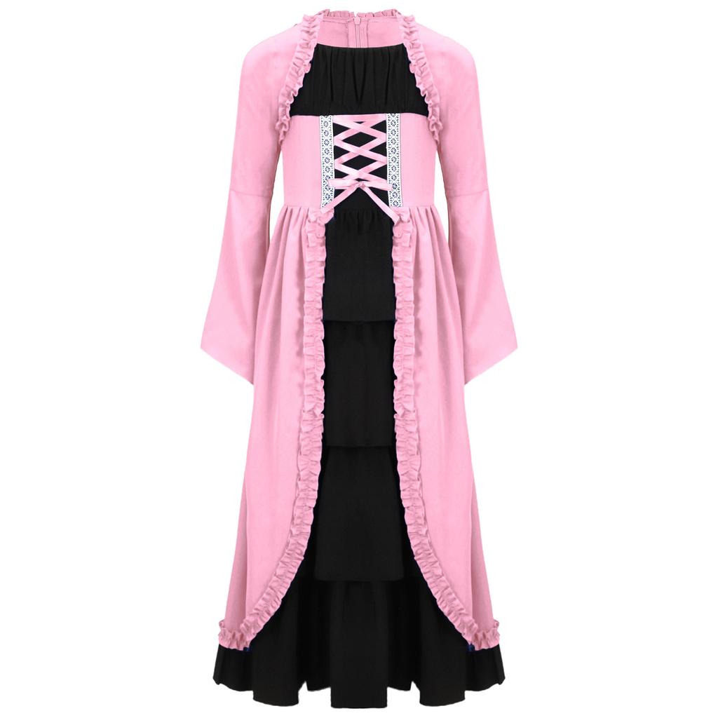 Girls Medieval Renaissance Long Dress Color Contrast Bell Sleeve Layered Ruffles Costume