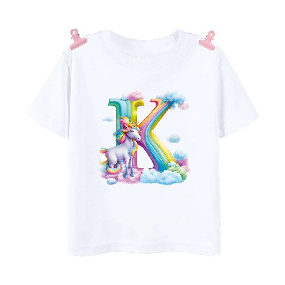 Футболка с принтом Unicorn Rainbow Initial AZ для детей, летняя футболка для мальчиков и девочек, топы с коротким рукавом, милая одежда для малышей, футболка