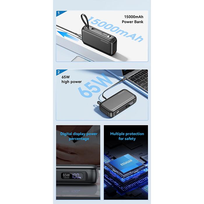 Essager 15000 мАч Портативный внешний аккумулятор с кабелем USB C Внешний запасной аккумулятор для iPhone iPad Macbook 65 Вт Быстрая зарядка