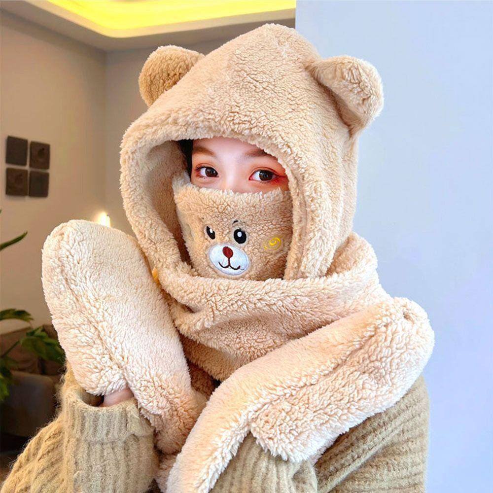 Warm Bear Ear Beanies Cap Solid Color Ski Hat Sweet Scarf Gloves Set Women