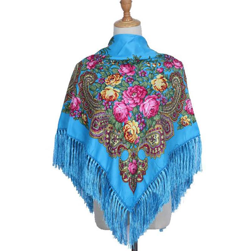 Retro Women's Tassel Shawl Floral Printed Cotton Vintage Lady Fringed Long Tassel
