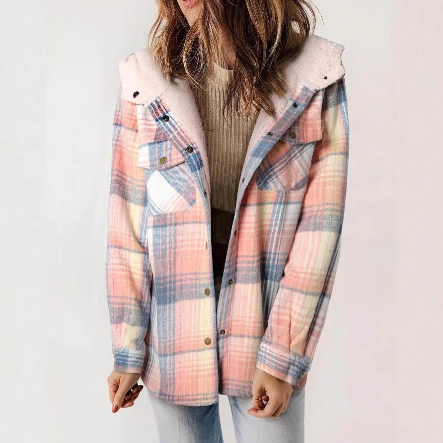 Women's Plaid Fashion Fleece Coats Winter Warm Hooded Fleece Jackets Casual Outwear Large Size Loose Comfortable Coat