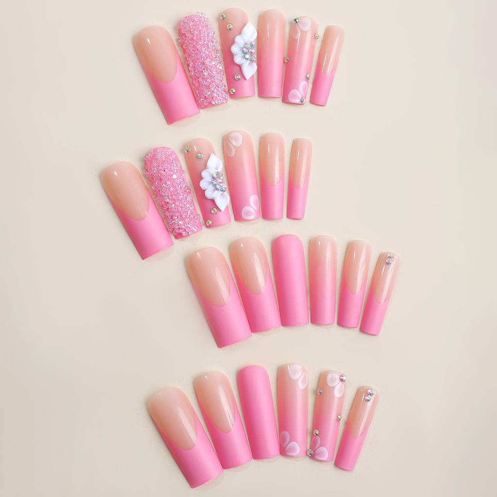 24pcs/set Wearable Extended Pipe Nail Patch French Pink Crushed Diamonds Wearable Nail Nail Stickers