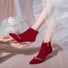 Красный бархат шоу одежда невесты зимняя обувь сапоги на высоком каблуке новые свадебные туфли тонкие каблуки свадебные сапоги 2024 короткие сапоги женские года