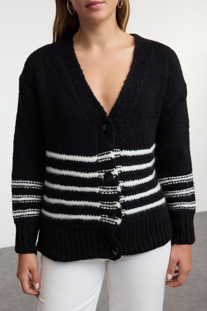 Women's Elegance Style Cardigan Black Soft Textured Striped Knitwear Cardigan