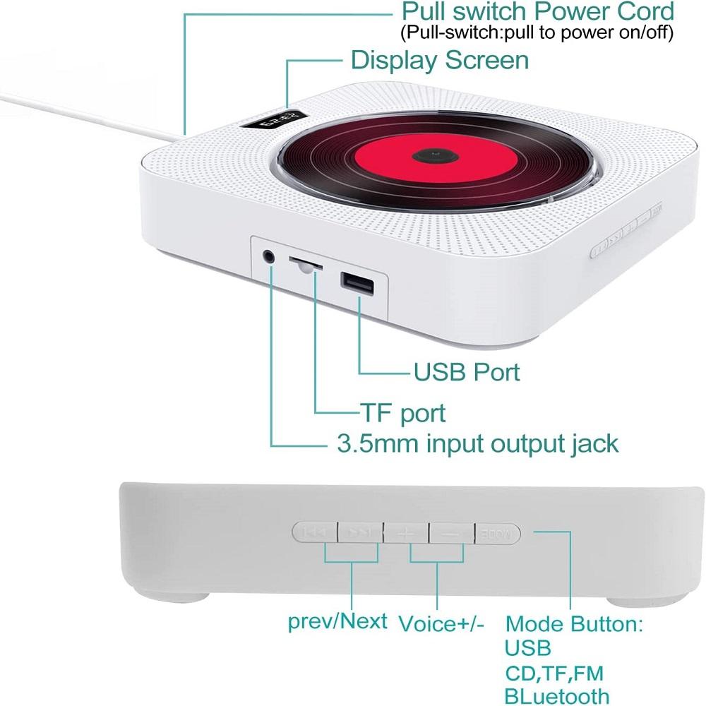 Портативный настенный CD-плеер для дома с Bluetooth-колонкой, FM-радио и пультом дистанционного управления