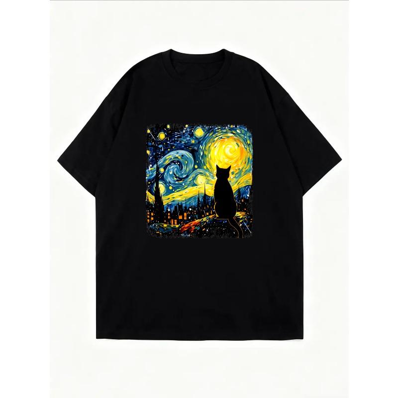 Женская повседневная футболка белая с принтом кота «Звездная ночь» для повседневной носки и любителей искусства