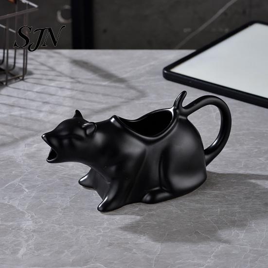 Housewarming Gift for Cat Owners Shaped Ceramic Gravy Boat, Cute Kitten Sauce Jug Milk Cream Dipping Bowls Cheese Syrup, Animal Figurine Pitcher