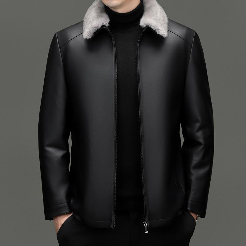 Leather Jacket Men's Genuine Leather Down Jacket Jacket Middle-aged and Elderly Dad Sheep Leather Jacket Winter Thickened Leather Top