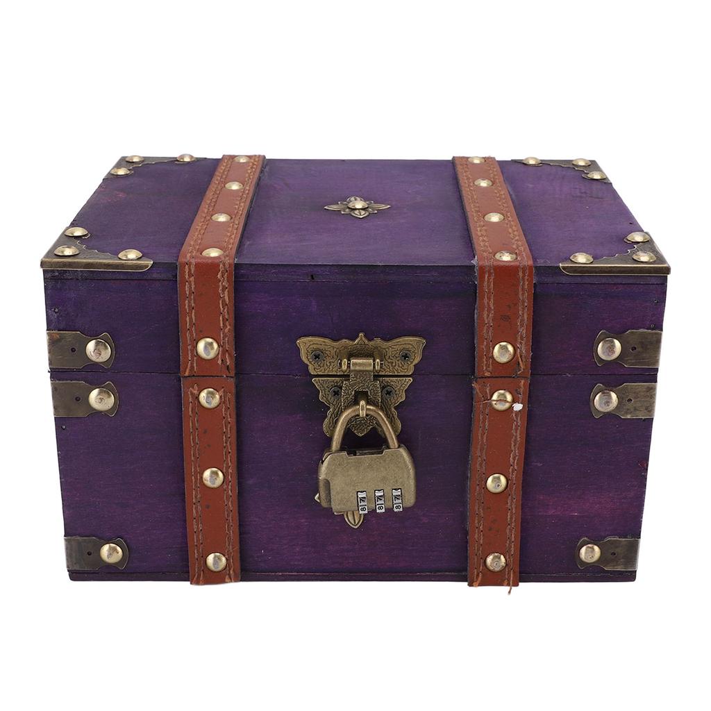 Wooden Treasure Chest with Lock Rectangle Antique Wood Jewelry Storage Box 22x15x13cm for Storing Jewelry Necklaces Rings