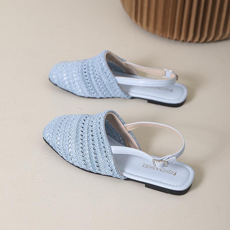 Соломенная плетеная сумка на толстом каблуке и с неглубоким вырезом, сандалии с открытой пяткой, женская обувь, весна-лето 2025, новые сандалии на плоской подошве с одним ремешком