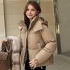 Winter Women Cotton Jacket Stand Collar with Hood Neck Short Type Pockets Zipper Closure Padded Coat Solid Color Wind