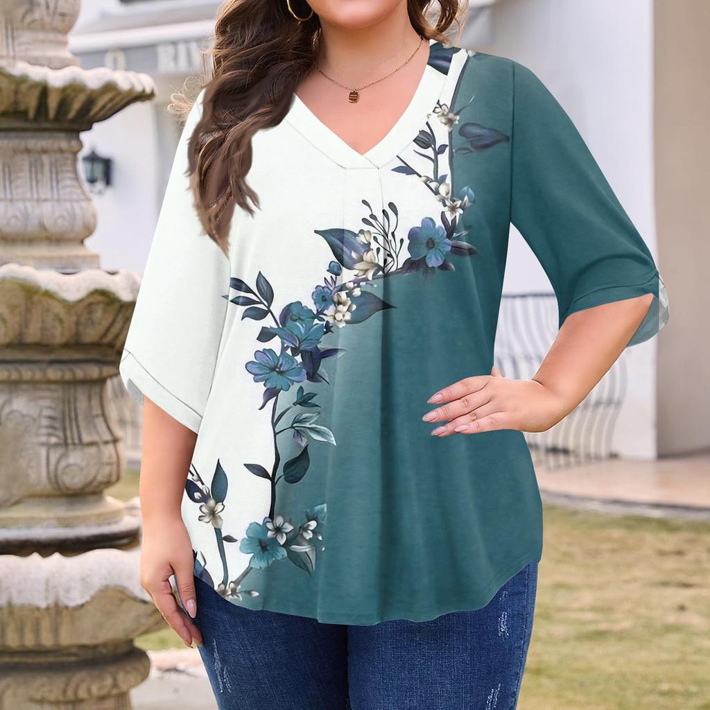 Women's Fashion Large Size Printed V-Neck Three-quarter Sleeve Top