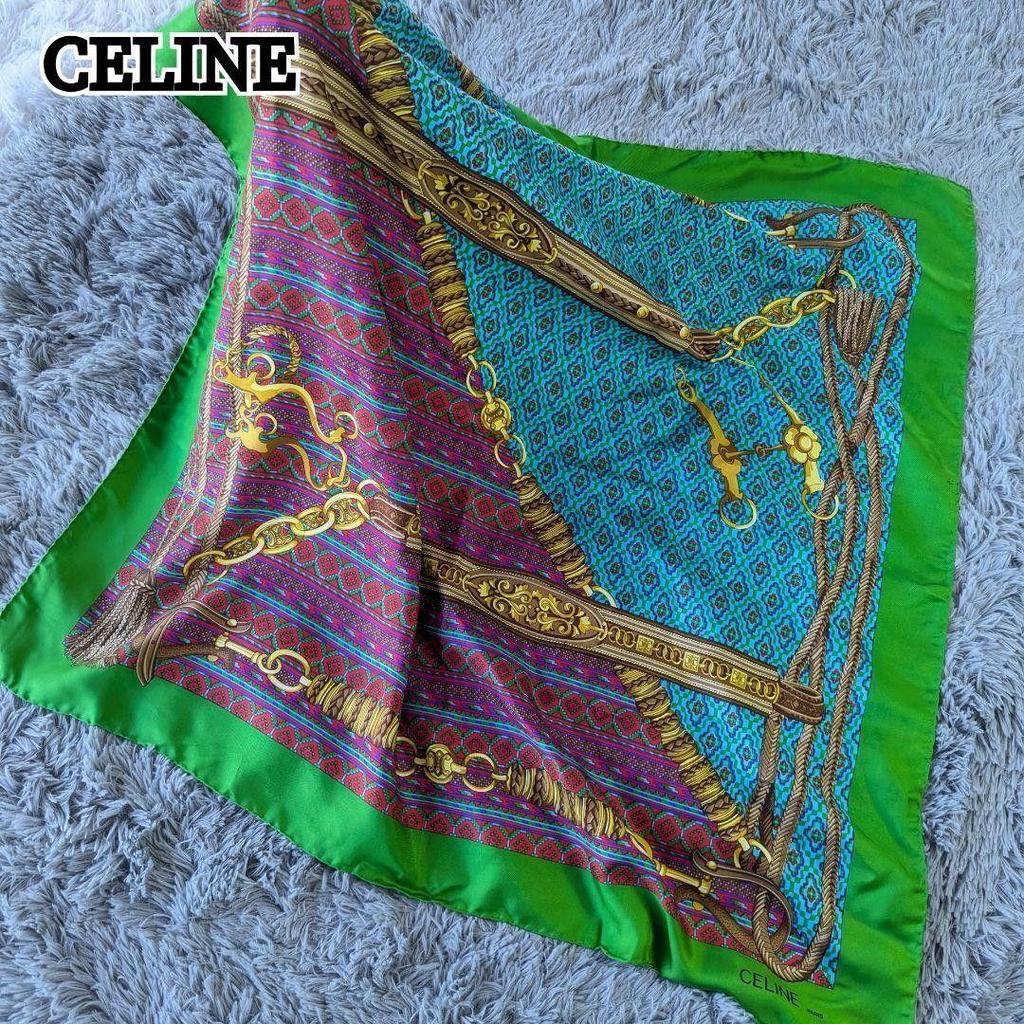 Б/у Отличное состояние CELINE большой 100% шелковый платок, сделано в Италии, шелк, конный, цепь, зеленый, ремень, ИТАЛИЯ