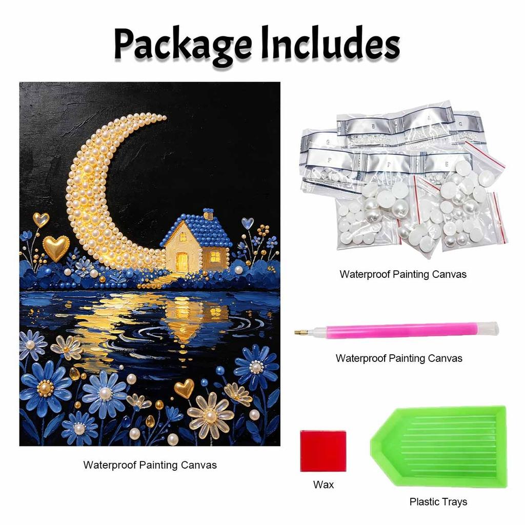 Pearl painting diy sticky diamond creative crescent moon cottage lake flowers diamond painting kit living room hanging painting
