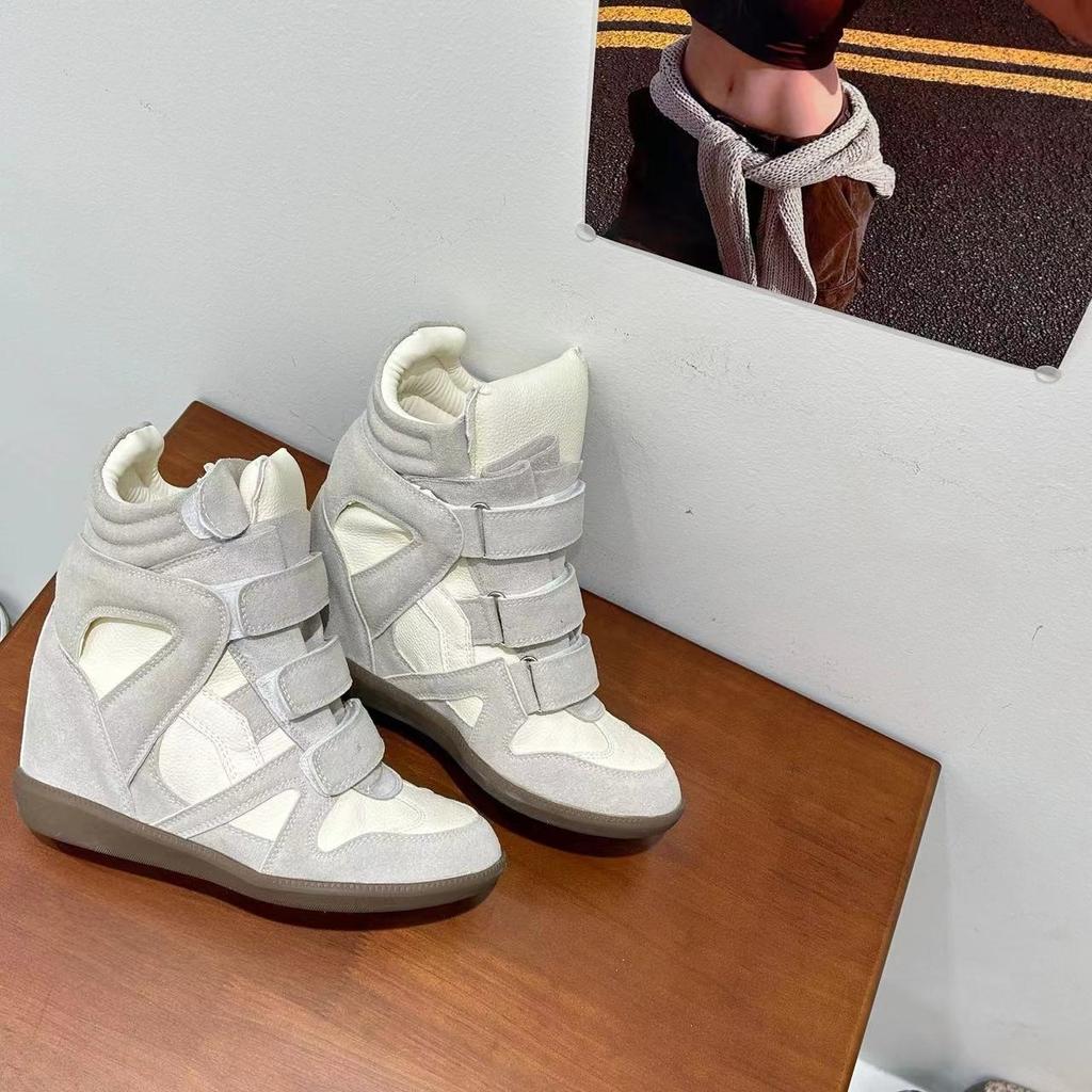 Осень и Зима Натуральная Кожа Толстая Подошва Внутреннее Увеличение Высоты Обувь Повседневная На липучке Высокие Женские Универсальные Увеличивающие Рост