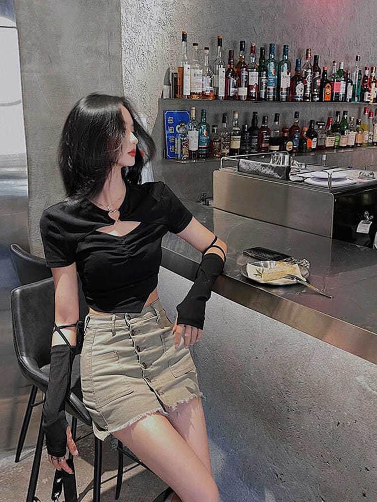 Short Sleeve High Tshirt Street Women Harajuku Summer Hollow Out Slim Design Ins Korean Style Above Navel Cropped Top Allmatch