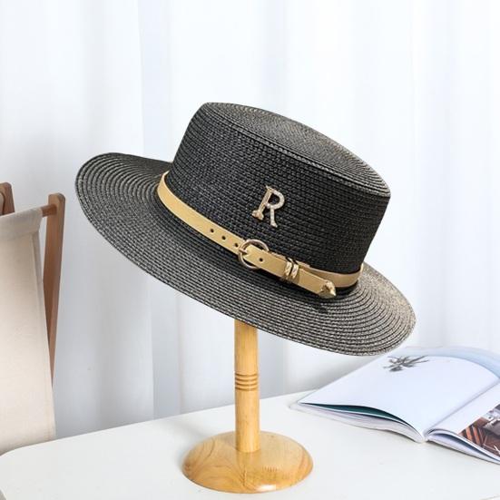 Women Sumemr Belt Letter Decor Rhinestone Flat Top Round Brim Retro English Style Solid Color Lightweight Vacation Beach Cap