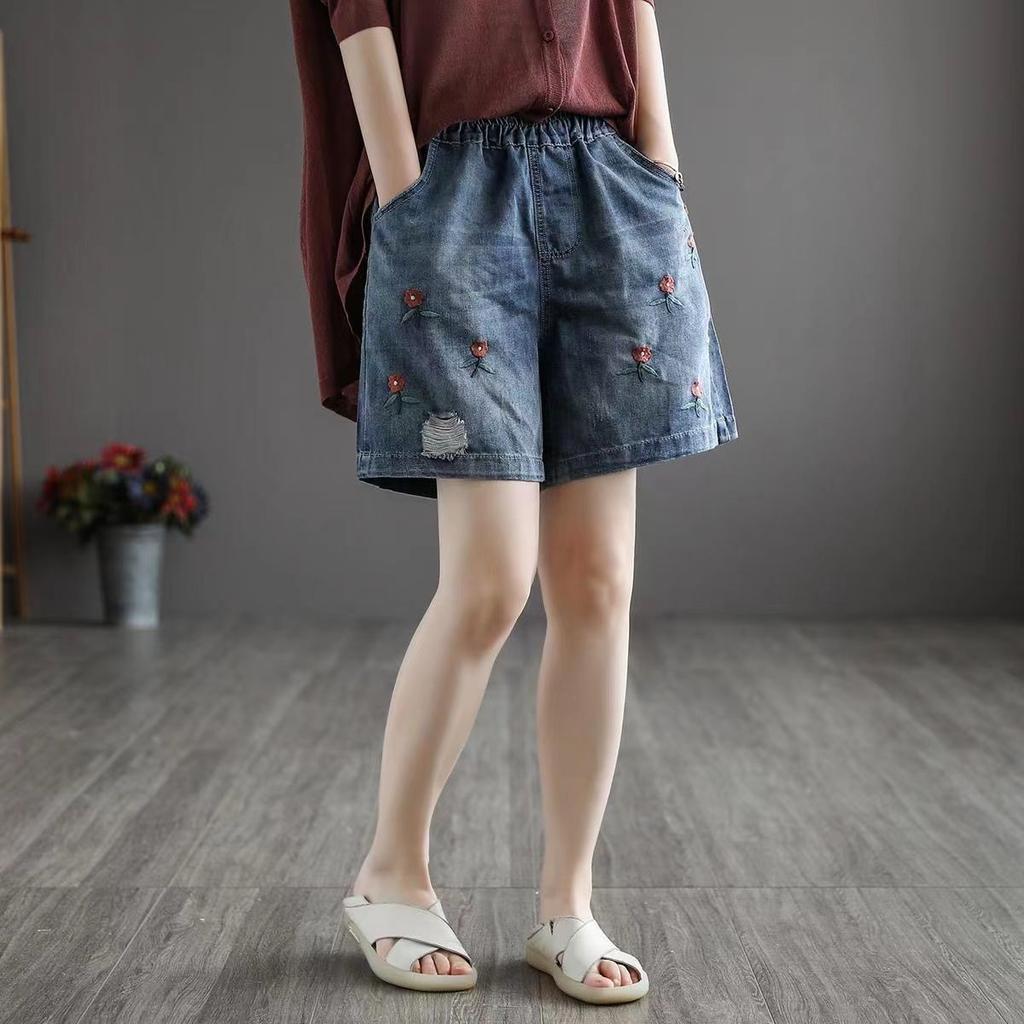 Женские джинсовые шорты Летний тонкий стиль Большой размер Свободные С высокой посадкой Вышитые Широкие штанины Повседневные