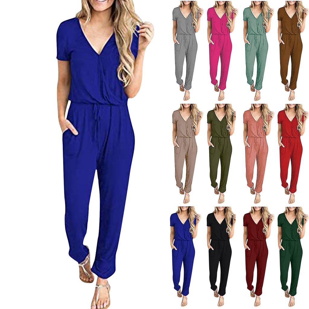 Women’s Sexy Deep V-Neck Short Sleeve Wrap Drawstring Waist Jumpsuit Romper With Pockets