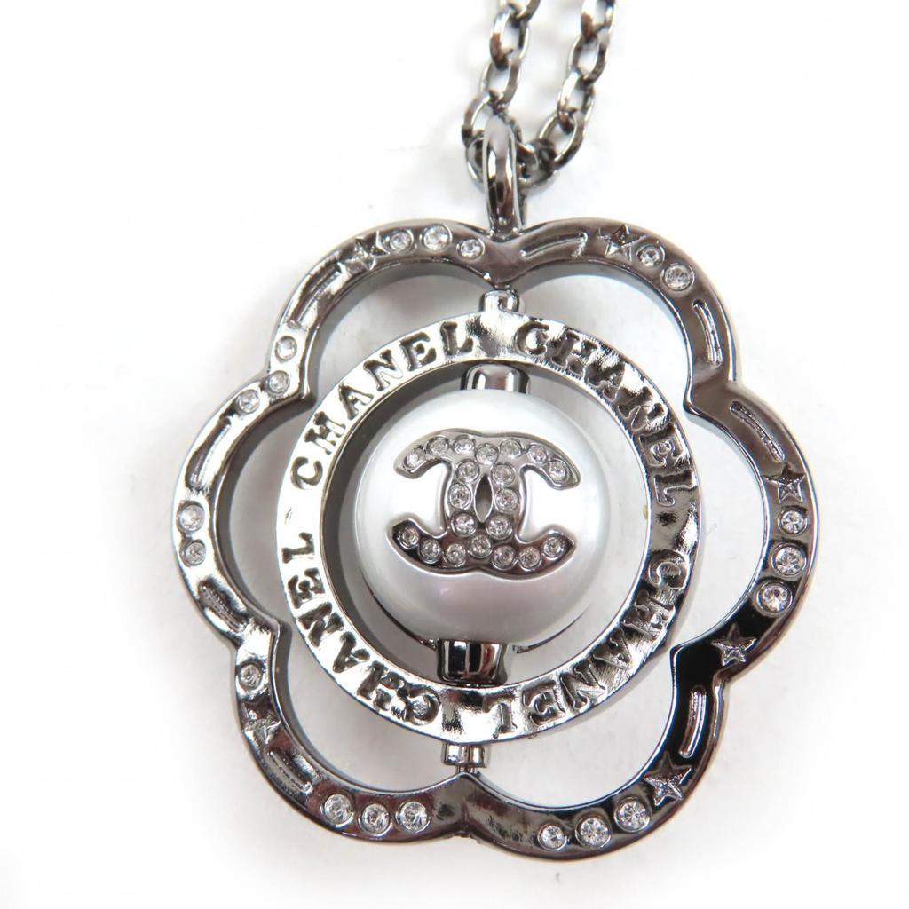 Great CHANEL Necklace Camellia COCO Mark Faux Pearl and Rhinestone Black B24K Used