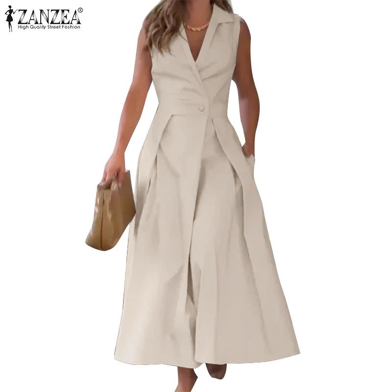 ZANZEA Women Casual Turn Down Collar Sleeveless Summer A-line Dress
