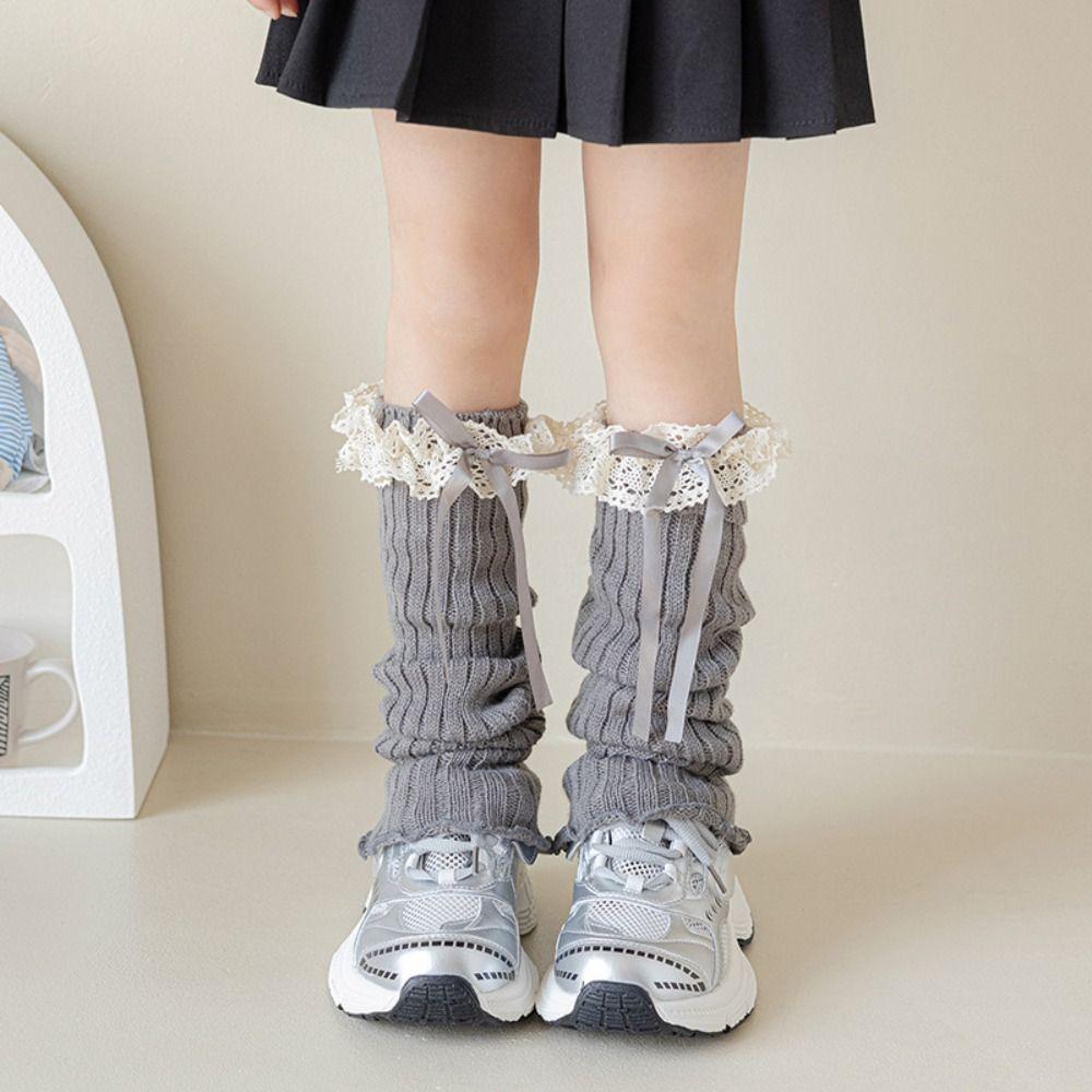 Solid Color Bow Ribbon Leg Warmers Long Stockings Knitted Foot Cover Children's Foot Warmer Winter