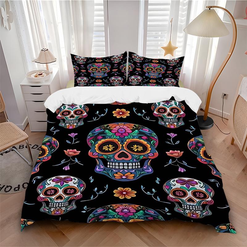 3pcs Day of the Dead Sugar Skulls Comforter Set with One Quilt Cover and Two Pillowcases (No Filling), Festive Gift for Bedroom Decor - Polyester Fabr