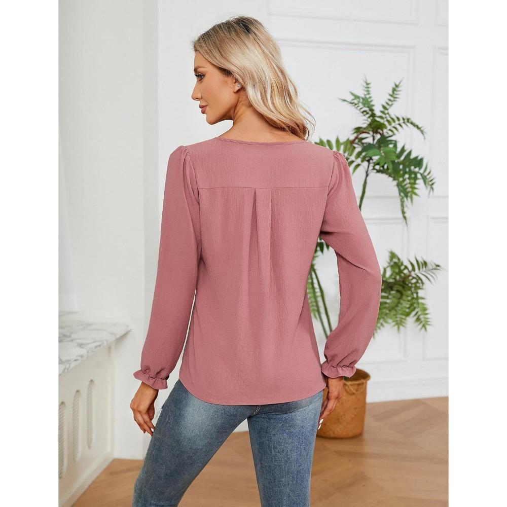 Женская повседневная однотонная блузка весна-лето с V-образным вырезом, однотонная шифоновая рубашка с длинным рукавом