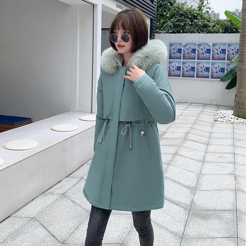 Женская осенне-зимняя тонкая теплая длинная парка с капюшоном и меховым воротником с длинным рукавом и плюшевой завязкой
