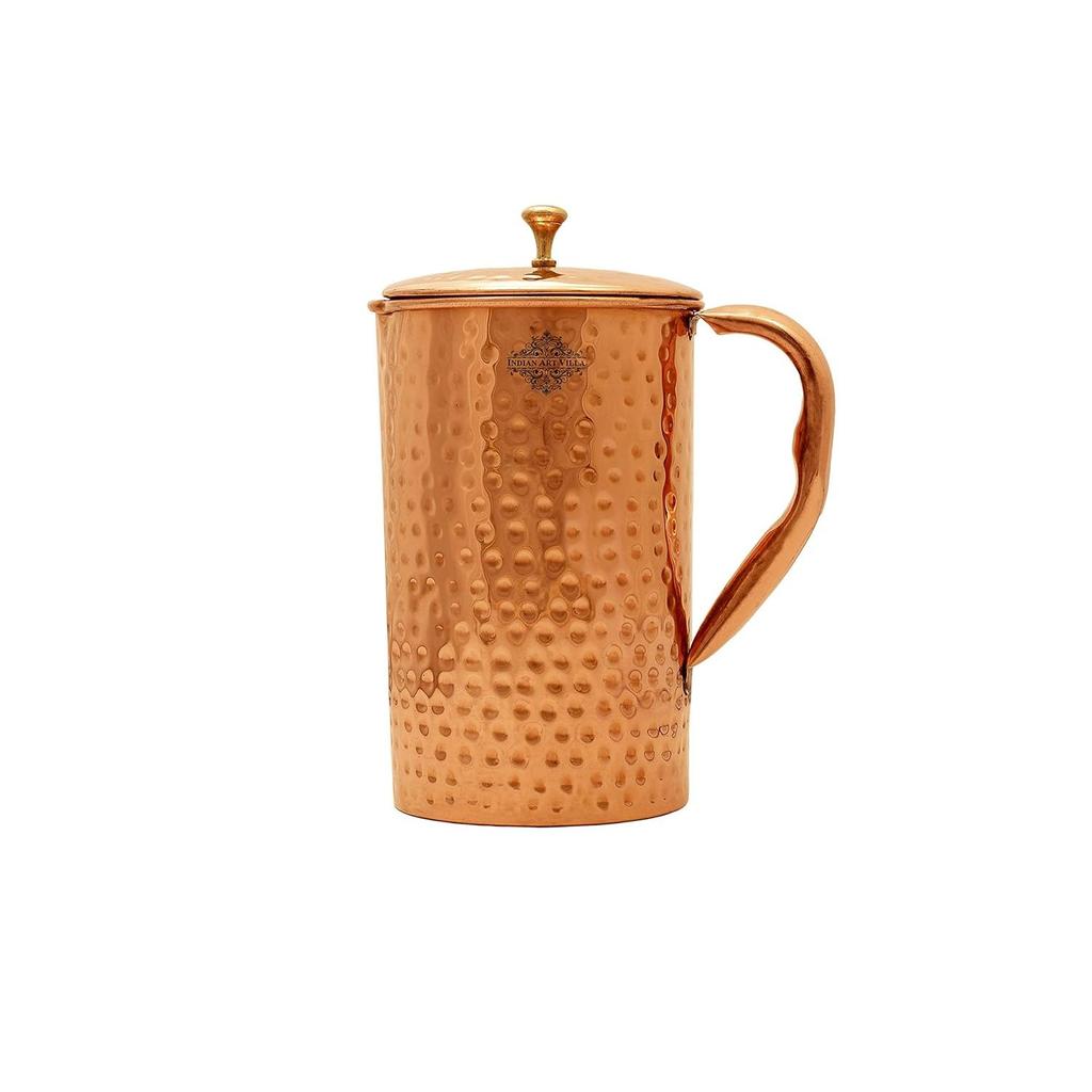Hammered Copper Jug Pitcher with 2 Glass Tumbler, Drinkware & Serveware, 3 Pieces, Copper, Brown