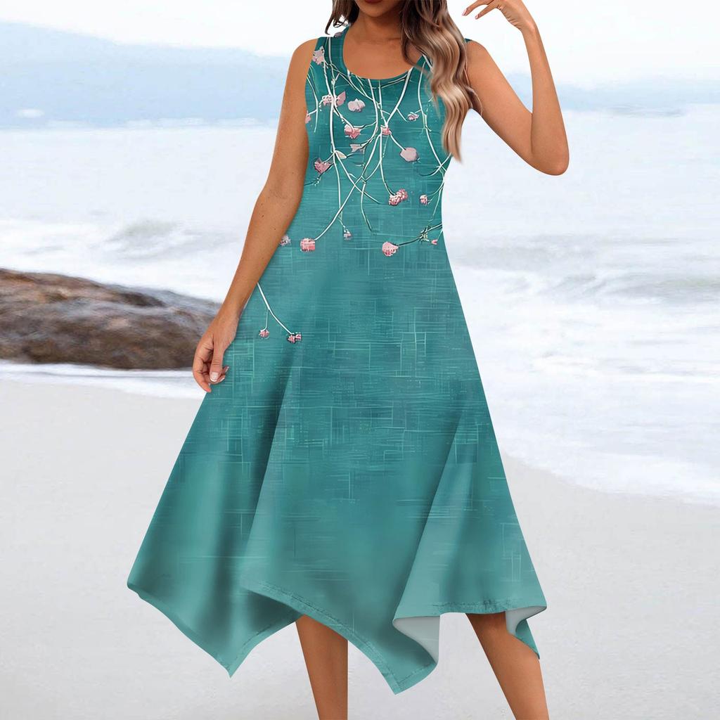 Женское повседневное модное платье миди без рукавов с круглым вырезом и цветочным принтом, нерегулярный подол