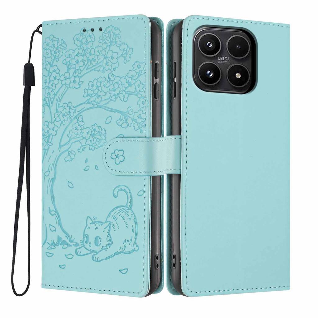 For Xiaomi 17 Stand Case Tree-and-Cat Pattern PU Leather Wallet Protective Phone Cover with Wrist Strap