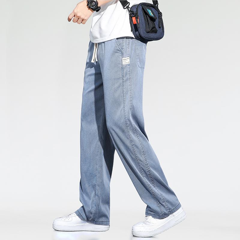 Летние тонкие свободные широкие мужские джинсы из мягкого лиоцелла, эластичные модные повседневные прямые джинсовые брюки с завязками, черные, синие, серые