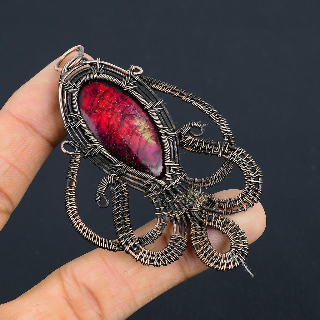 Octopus Red Labradorite Handmade Copper Wire Wrap Pendant 3.27" G7b97
