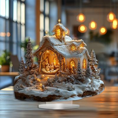 1 шт. 2D Зимняя деревня Настольное украшение - Снежная Рождественская сцена со светящимися домиками, Акриловый декор для стола, Украшение "Четыре сезона"