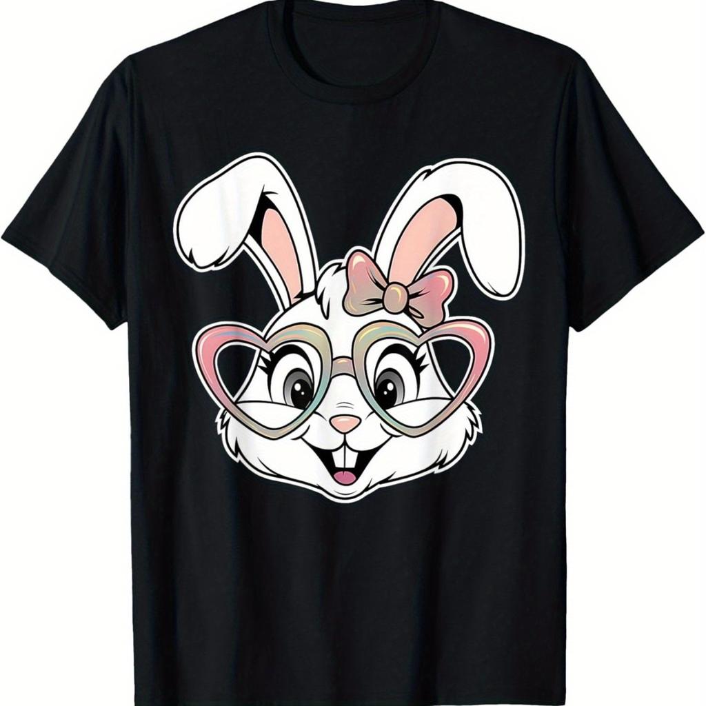 Cute Bunny Face With Glasses Graphic Tee Unisex Girls Easter Day Short Sleeve Cotton Tshirt