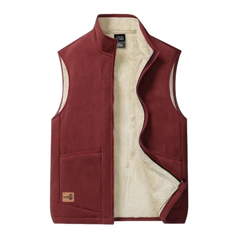 Autumn Winter Lamb Wool Vests Men Warm Padded Stand Collar Casual Sleeveless Jacket