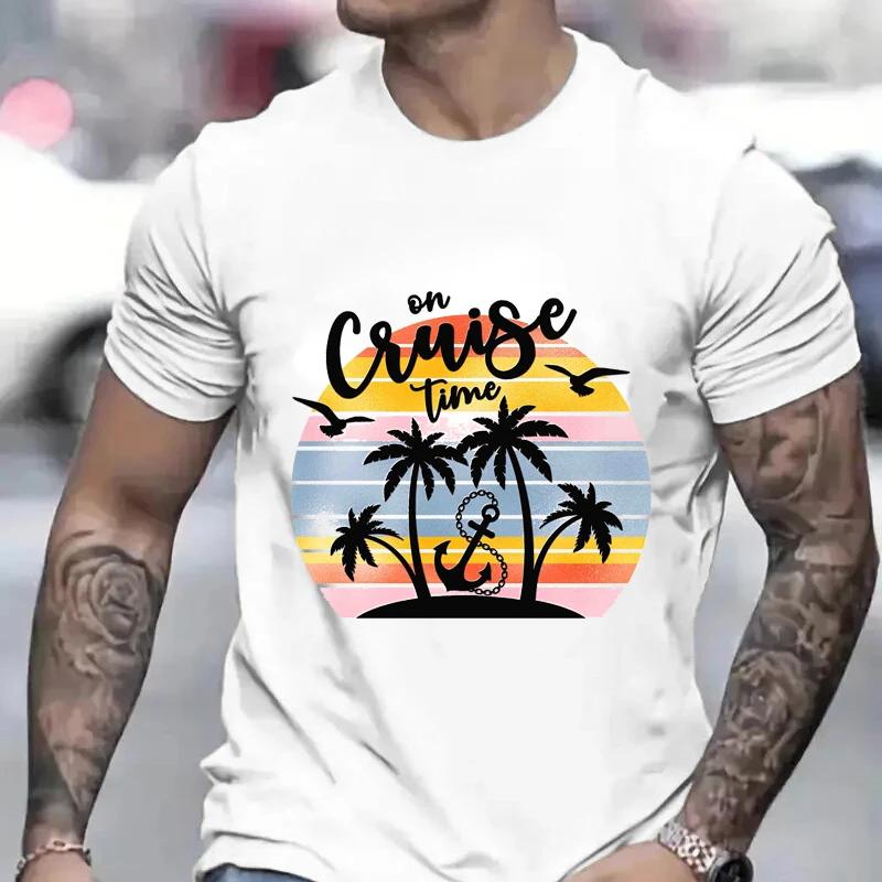 On Cruise Time Print T-shirt for Men Cruise Shirt with Trees Summer Cruising Tshirts Family Vacation Tees Friends Travel Tops