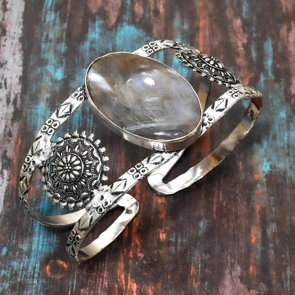 Tube Agate Gemstone Handmade Solid 925 Sterling Silver Jewelry Bangle Adjustable