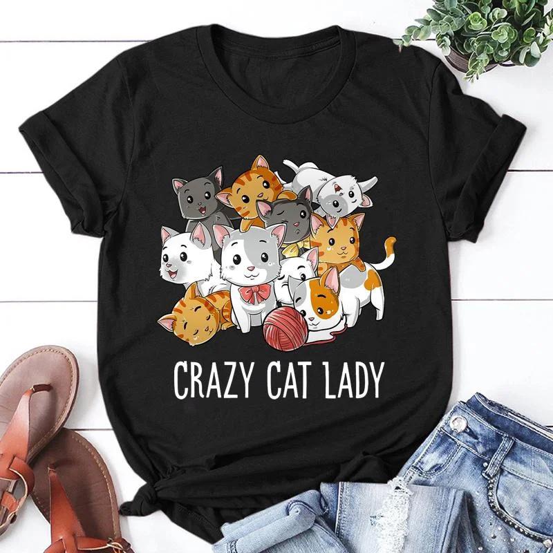 Милые футболки с принтом Crazy Cat Lady для женщин, летние милые повседневные футболки с коротким рукавом и круглым вырезом, женские креативные топы, футболки для женщин
