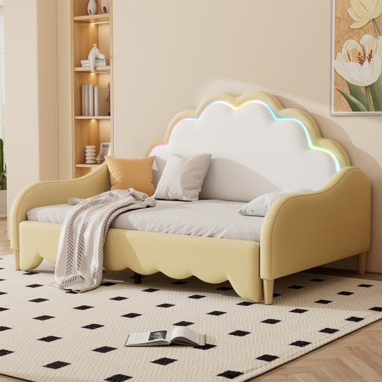 Shell Shape Flat Bed with Headboard Ambient Light Remote Control Mattress Wood Slat Support Bed Bedroom