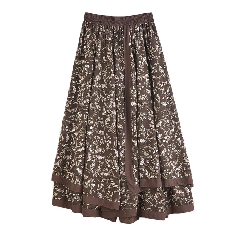 High Waist Spring and Autumn Women Folded Skirt Printed Casual Ladies Bottoms Mid-Length Flower Skirt Female Skirt