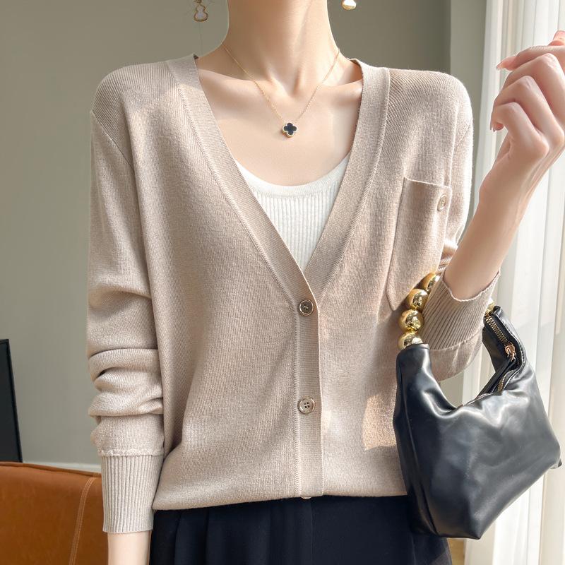 Вязаный кардиган с длинным рукавом Женская короткая куртка Свитер Высокий дизайн Нишевый Свободный Тонкий V-образный вырез Топ