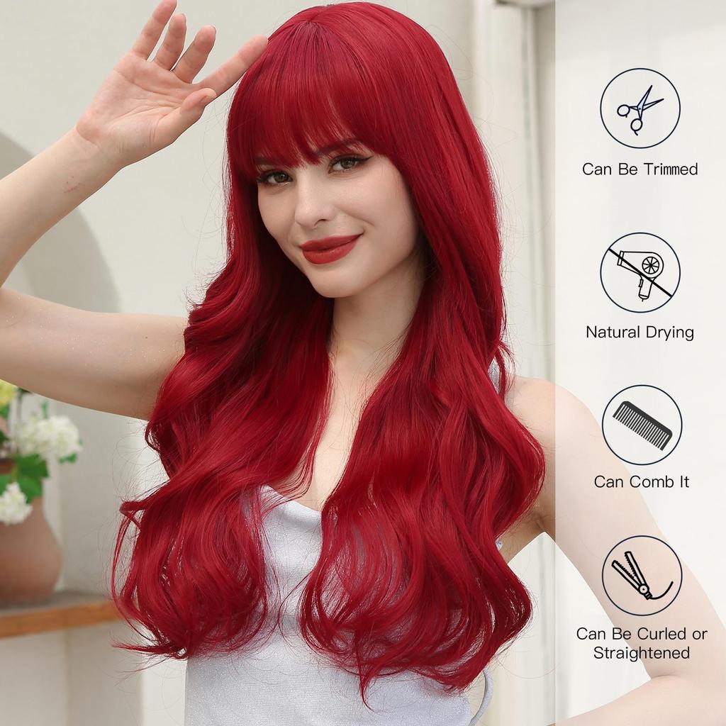 LOUIS FERRE, красный синтетический парик, длинный волнистый парик из натуральных волос с челкой для женщин, повседневные волосы, парик из термостойкого волокна
