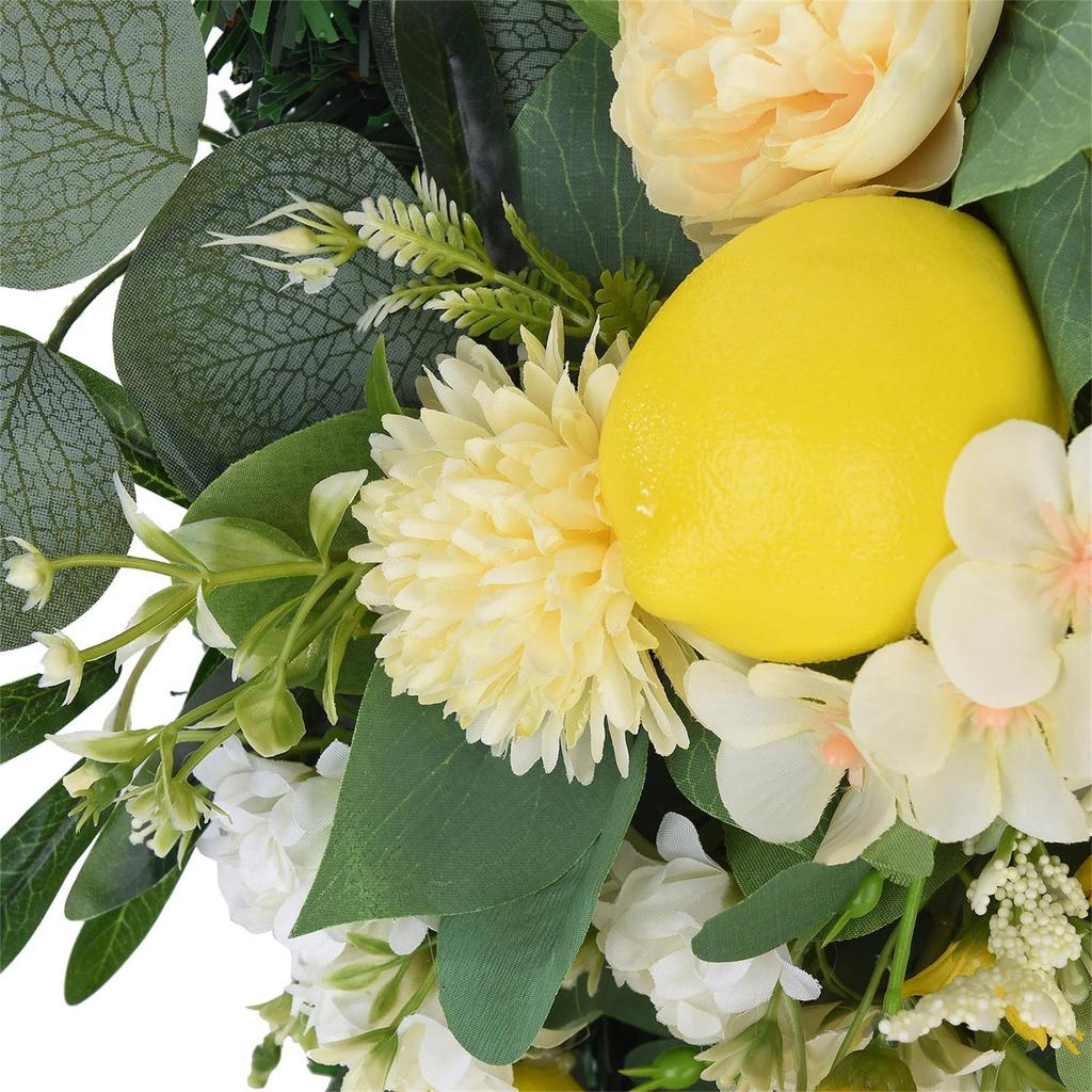 Spring Lemon Wreath Artificial Lemon Teardrop Wreath with Peony Flowers Green Leaves Decorative