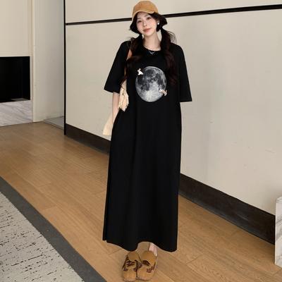 2025 Женское Летнее Длинное Платье Винтажный Принт Короткий Рукав Платье-Рубашка Базовое Повседневное Свободное Платье Большого Размера