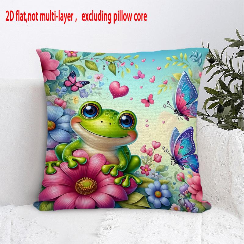 pc D Flat (Pillow Not Included) Cute Frog Flowers Butterflies Cushion Cover Short Plush Cartoon Kids Room Pillow Case Decor
