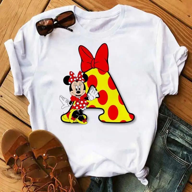 Kawaii Ladies Tees Disney Cartoon Mickey Mouse Letter Minnie T-shirt White Short-sleeved Women 90S Tops Summer Loose Blouse
